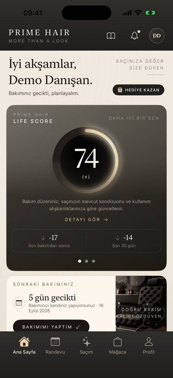 Prime Hair uygulamasının ana sayfası: Life Score puanı ve sonraki bakım kartı