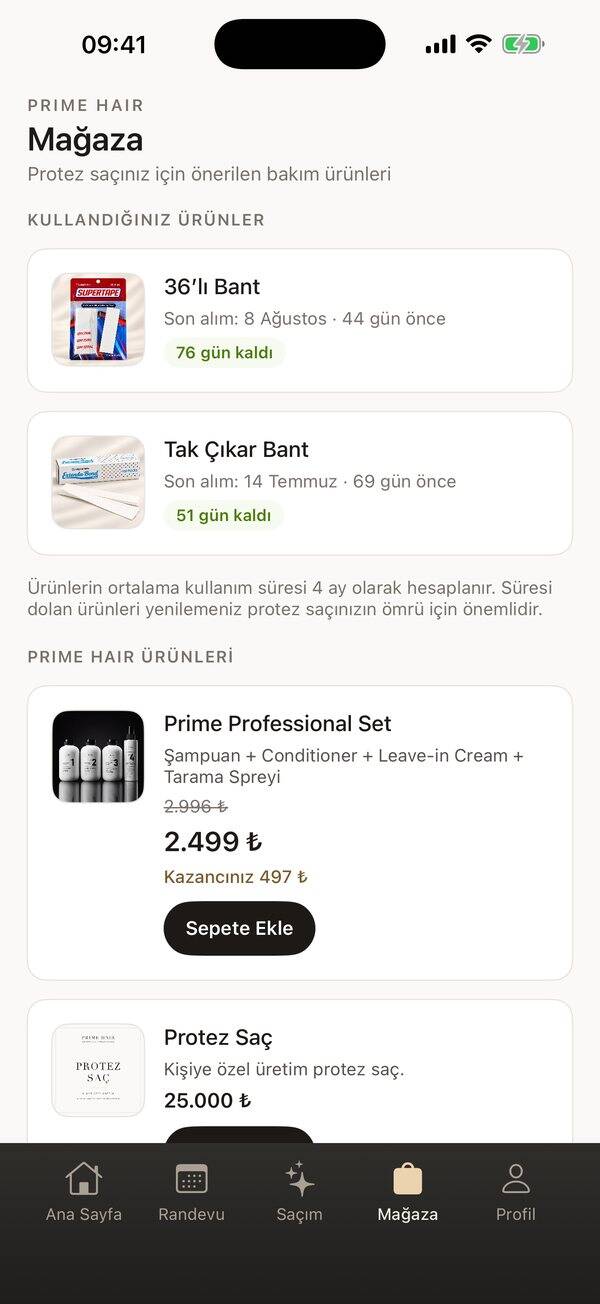 Mağaza ekranı: kullandığınız ürünler ve önerilen bakım ürünleri