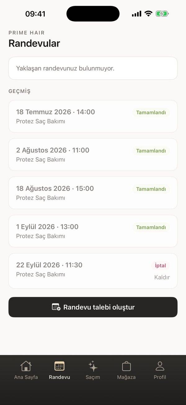 Prime Hair uygulamasında Randevular ekranı